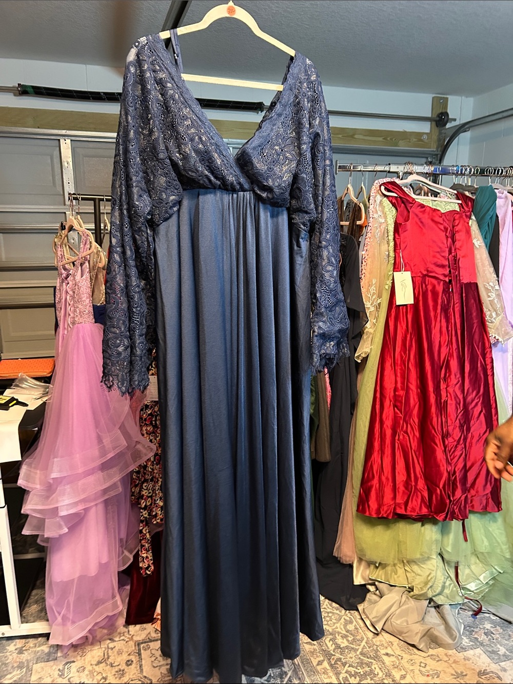 Elegant Navy Blue Lace & Satin Evening Gown